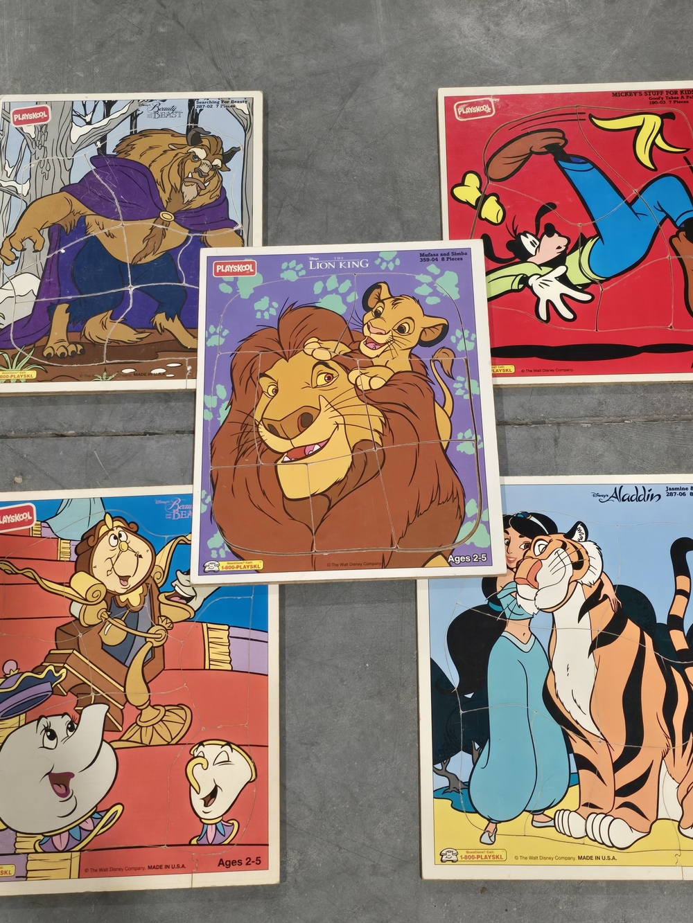 5x Vintage Playskool Wooden Puzzles, Mickey,Aladdin,lionking,beautyandthebeast,
